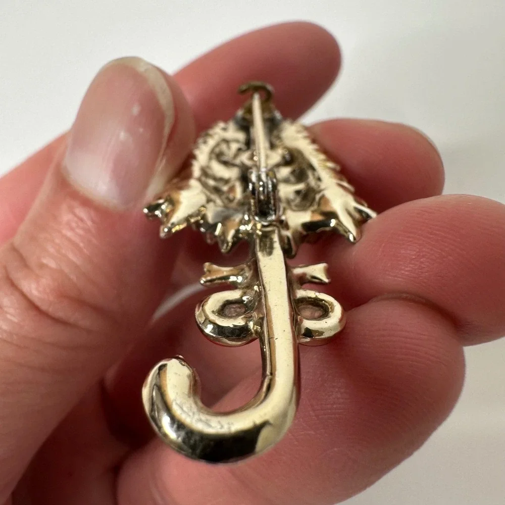 Vintage Umbrella Brooch Gold Tone Rhinestone Red Enamel Bow Parasol Pin Spring‎